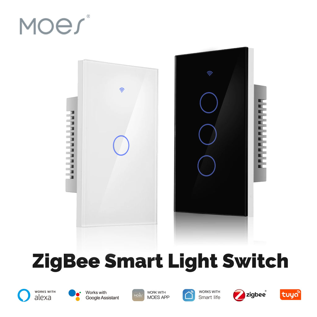 MOES Tuya ZigBee Smart Light Switch Touch Glass Panel Fireproof Neutral Wire Required Remote Control Work With Alexa Google Home