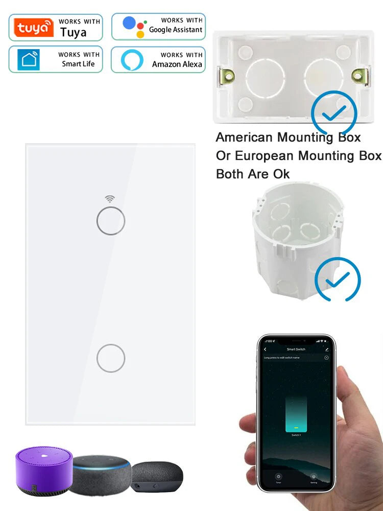 Tuya WiFi Smart Home Light Switch RF433 Neutral Wire/No Neutral Wire Required US Wall Touch Switches Support Alexa Google Home