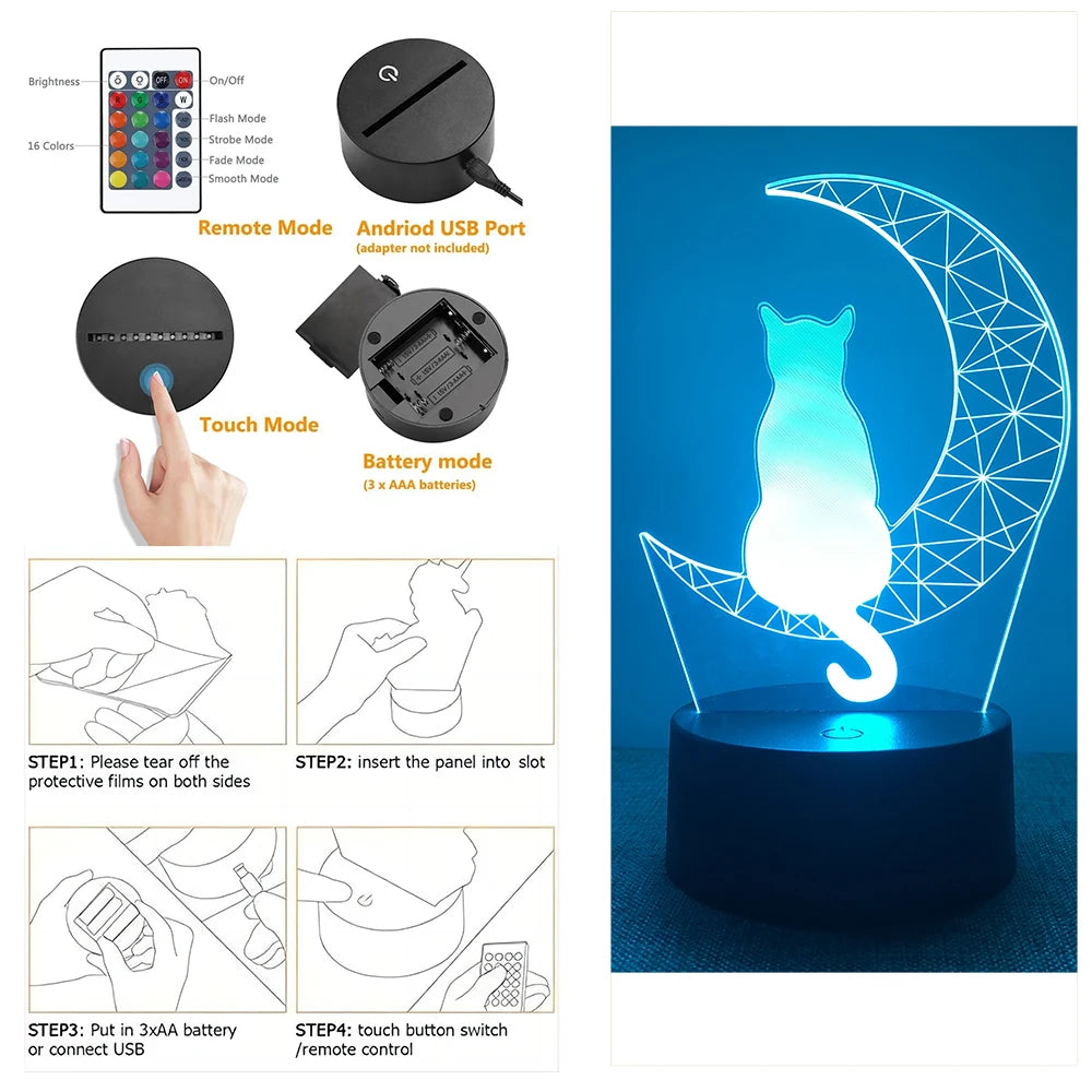 Cute Cat 3D Lamp LED Night Light Table Lamps Nightlight for Children's Lights Smart Touch Home Bedroom Desk Decor Birthday Gifts