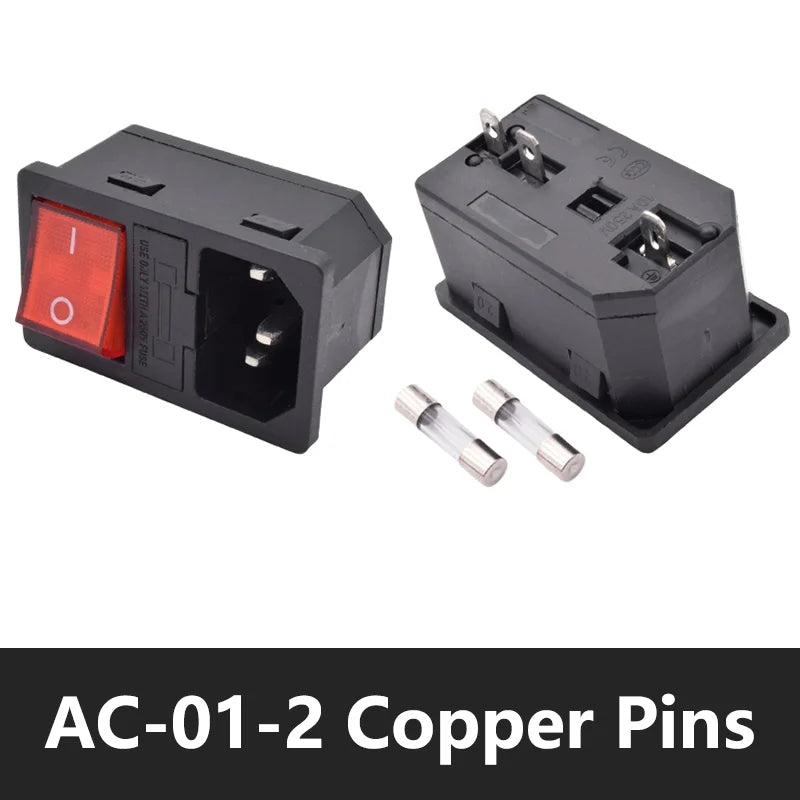 C13 C14 Electrical Power Socket Computer Mount Outlet 3 Pin IEC320 LED Rocker Switch Brass 10A Fuse Inlet Plug Connector 250v