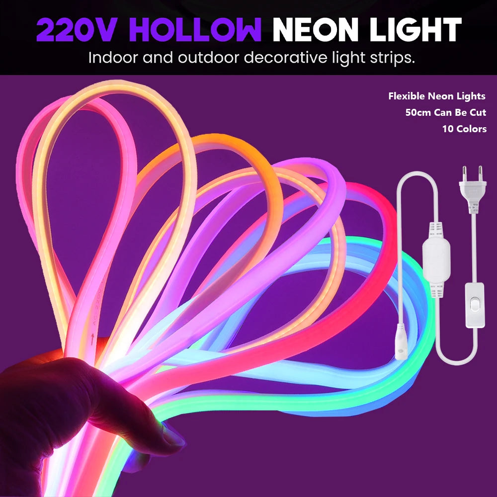 220V Switch COB LED Neon Strip Light 288LED AC EU Power Plug Kit White Pink Red 10 Color Waterproof Flex Tape Home Kitchen Decor