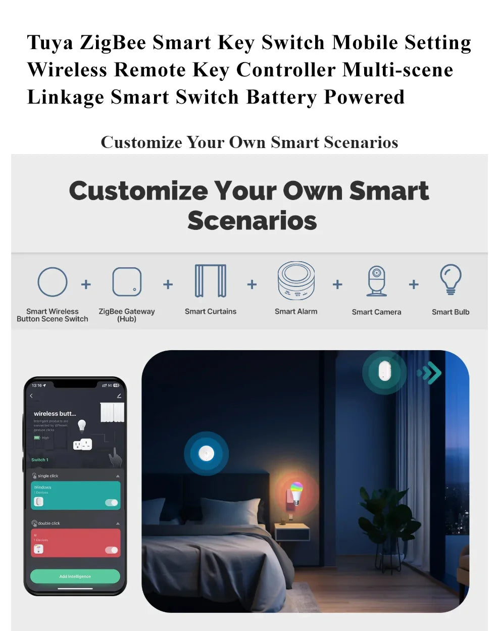 Smart Scene Switch Wireless Zigbee Tuya, Mini Remote Control for Smart Life, Create 3 Scenes, Perfect for Bedroom Kitchen