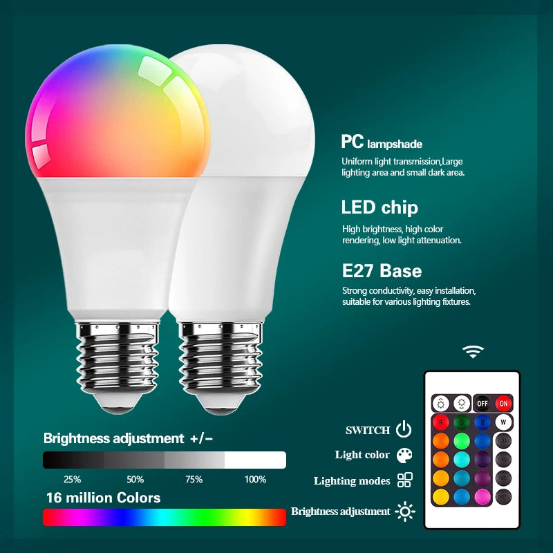 E27 Remote Control Lamp Led RGB Light Dimmable AC220V 7W RGBW Led Lamp Colorful Changing Bulb Led Lampada RGBW White Decor Home