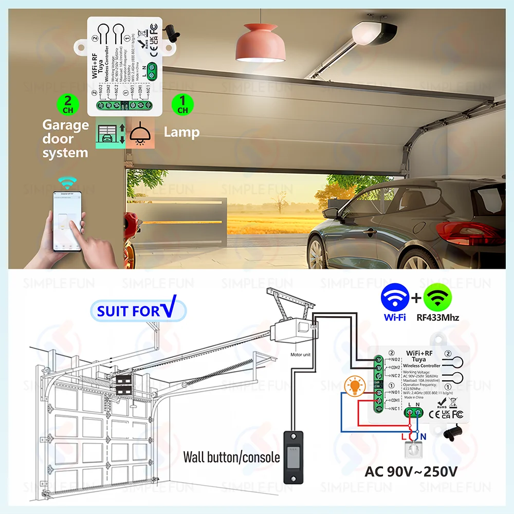 Tuya WiFi RF 433Mhz Smart Light Switch Motor Switch AC 110V 220V 230V 10A 2CH Support Alexa Google Home,for Lamp Garage Door