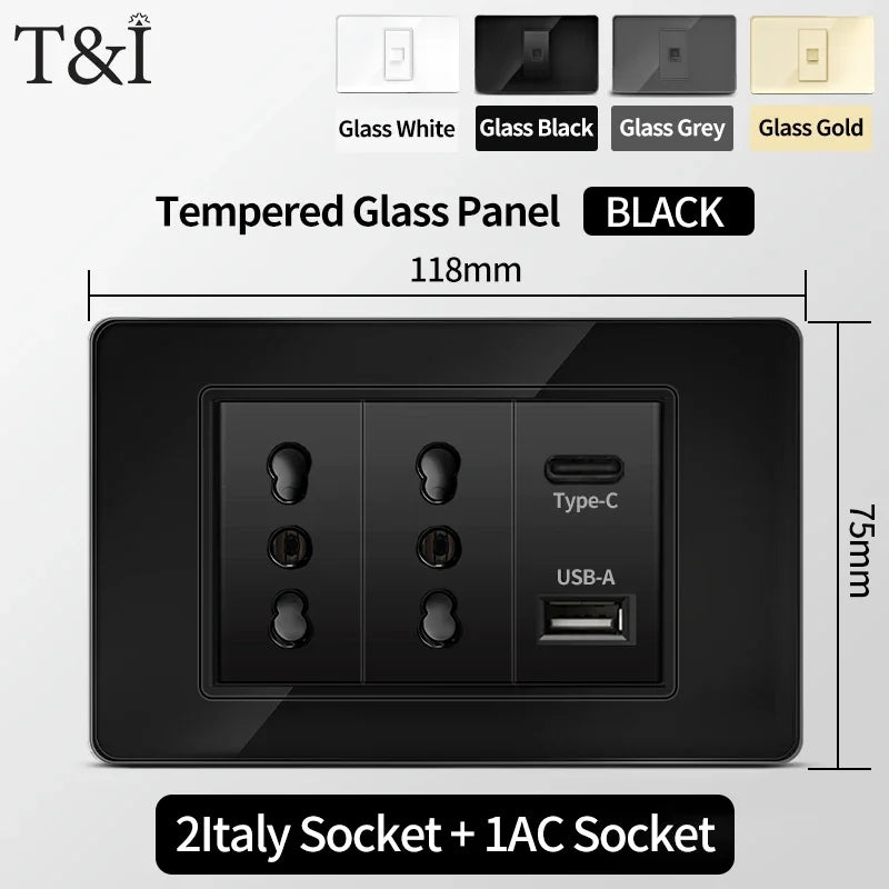 118 Series Black Tempered Glass Wall Switch Socket Italy Standard 16A Outlet with USB Type-C 20W Fast Charging for Home Office