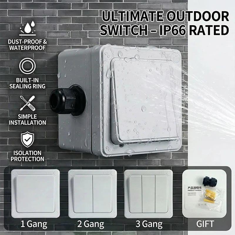 IP66 Rated Outdoor Wall Switch - 16A Weatherproof Push Button, 1/2/3 Gang for Home, Garden & Exterior Electrical Applications