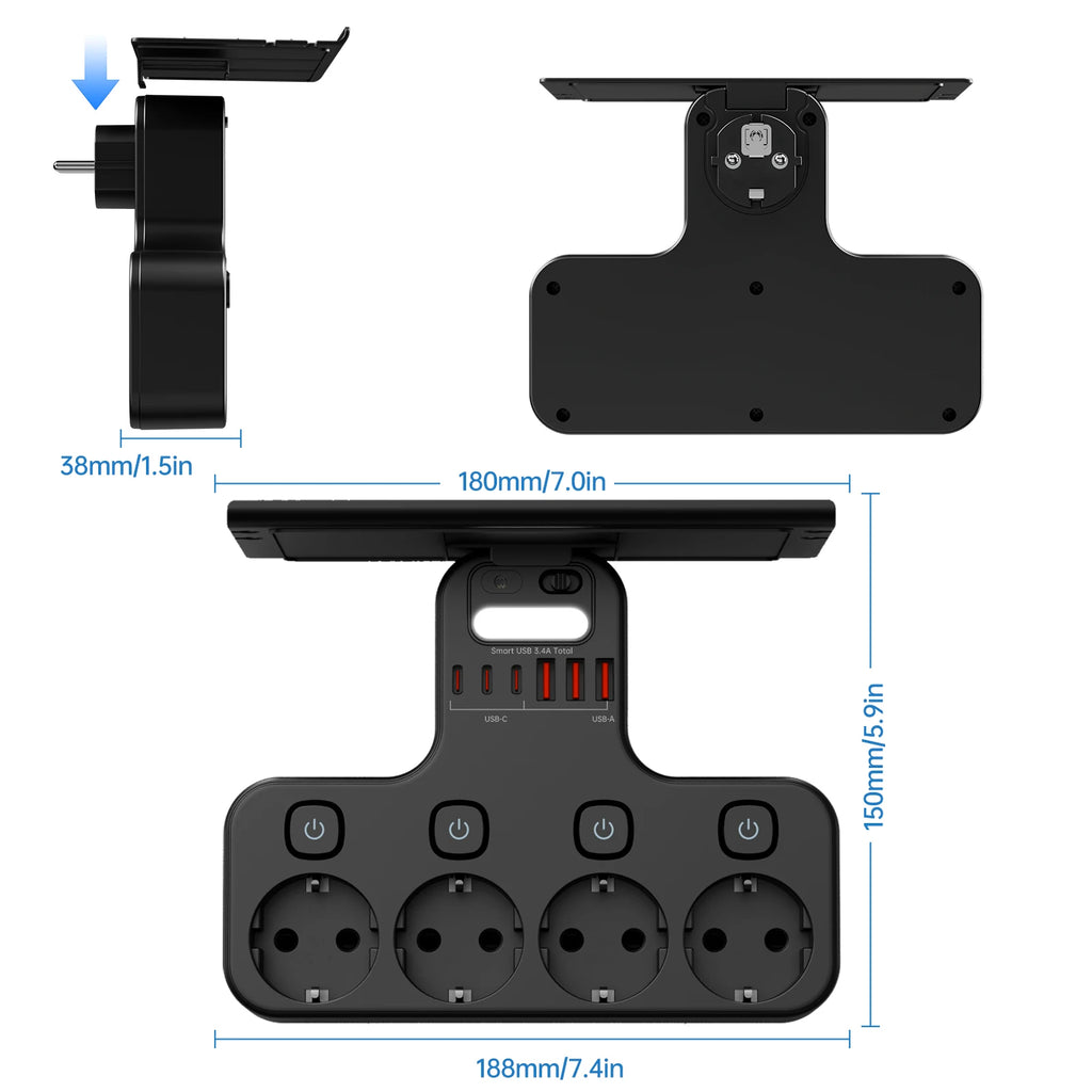 4000W Eu Plug Power Strip Multifunction Socket Smart Night Light Independent Switch European Standard Outlet with USB C Ports