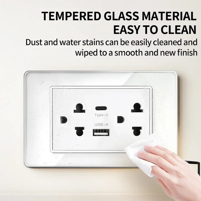 T&I 118*75mm Tempered Glass US Wall Socket White Thai USB Socket Plug with Dual USB Type-C Ports,Light Switch 110V