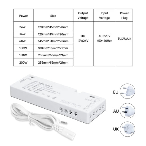 200W 150W 100W 60W 36W 24W LED Cabinet Light Strip Transformer AC220V to DC12V/24V for Home Wardrobe/Shelf with DuPont Port