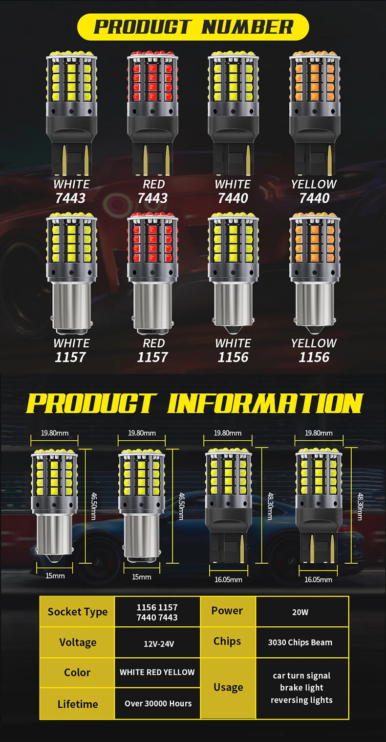 1×1156 ba15s p21w canbus bulbs py21w led turn signal yellow 7440 bulb bay15d 1157 canbus led reversing lights t20 7443 STOP LAMP
