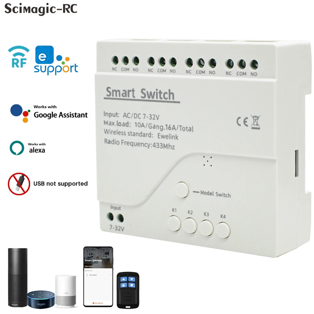 EWelink WiFi Smart 4CH Switch 220V 10A Relay Module APP Remote Control 12V 24V 85-250V Receiver Google Home Alexa