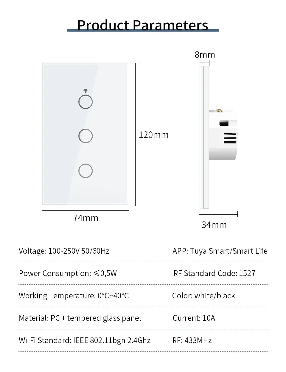 Tuya WiFi Smart Home Light Switch RF433 Neutral Wire/No Neutral Wire Required US Wall Touch Switches Support Alexa Google Home