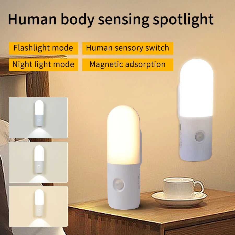 3 Colors Dimmable Spotlights 2 in 1 LED Night Light with Motion Sensor Rechargeable Magnetic Wall Lamp for Bedroom Hallway Stair