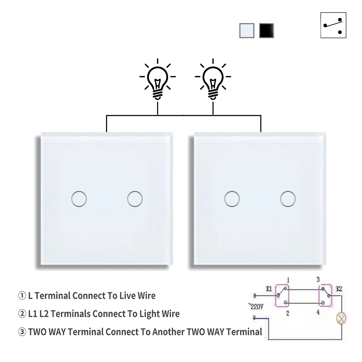 1/2gang 2way Dual Switch Wall Touch Switch EU Standard Light Switches For Staircase Bedside Switches Bedroom 240V No Wifi