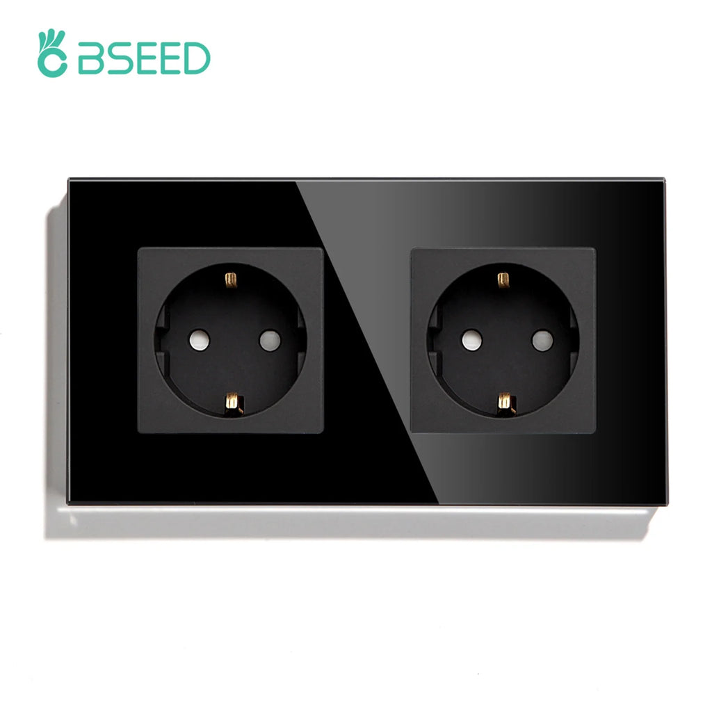 BSEED EU Standard Single Wall Socket Double Power Plugs With White Black Crystal Glass Panel Triple Outlets 16A 110V-250V