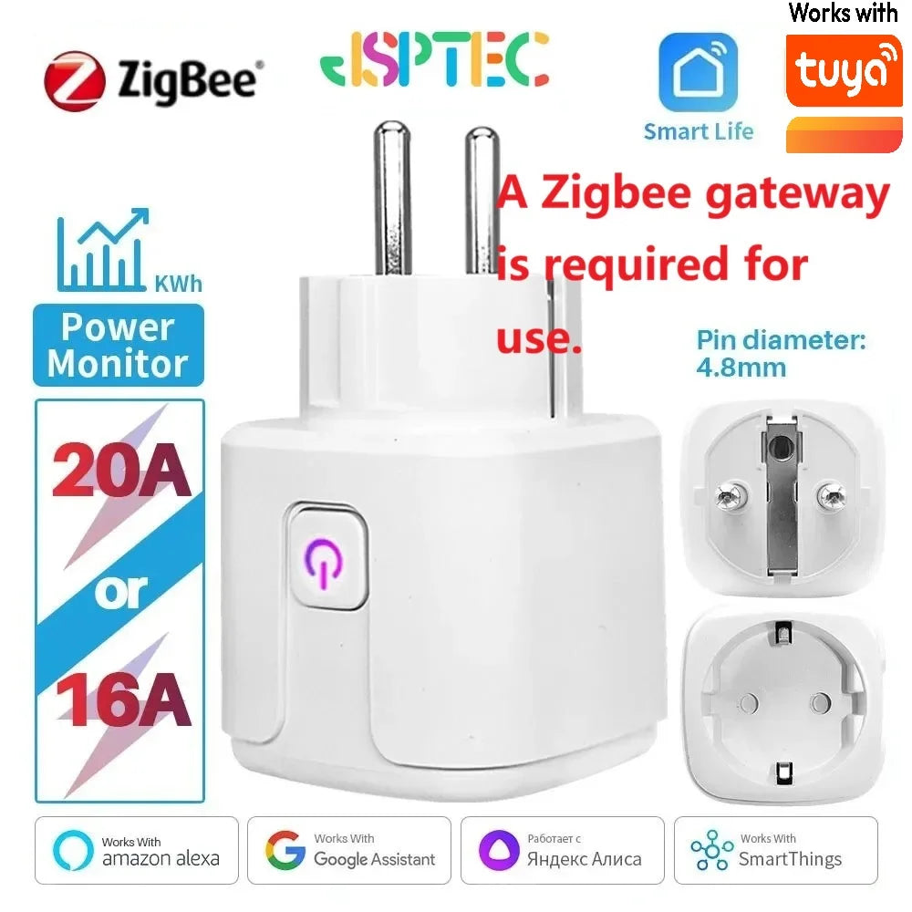 tuya Zigbee Smart Plug 20A EU Smart Socket With Power Monitoring Timing Function Voice Control Via Alexa Google Home Yandex