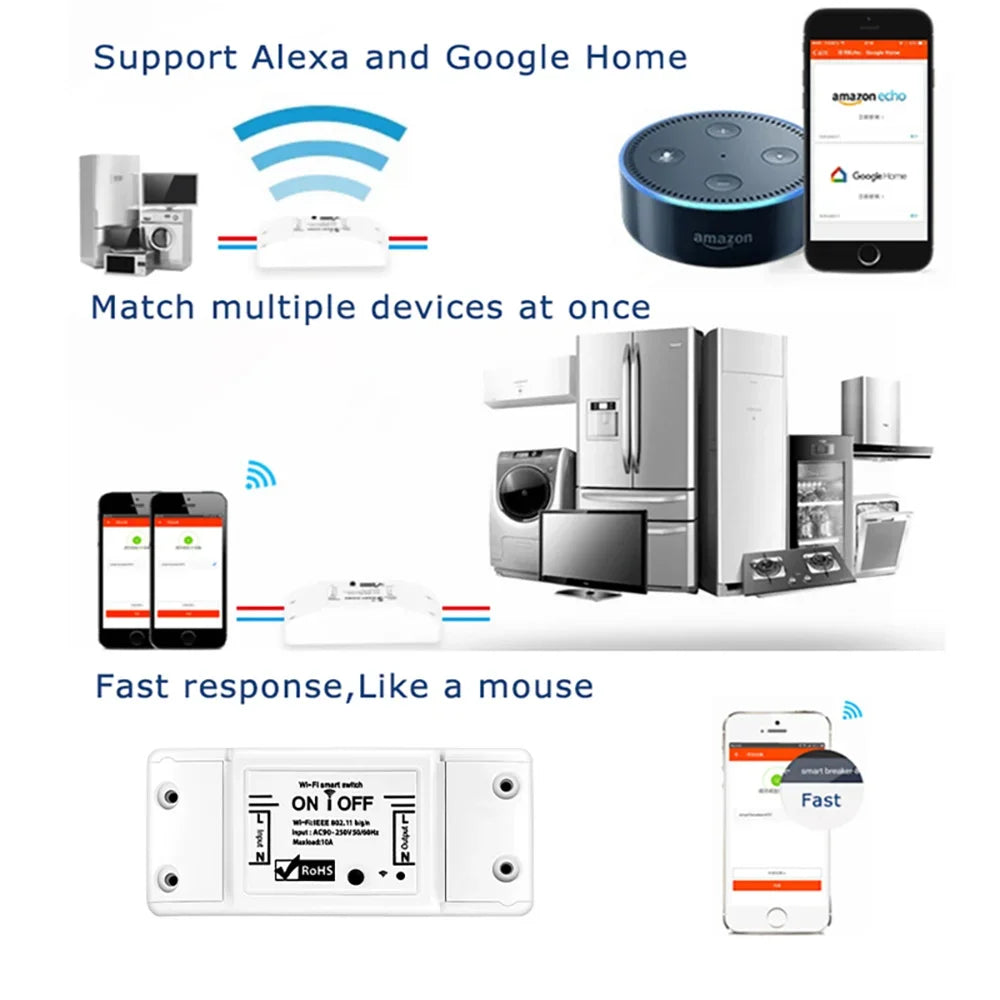 10A WiFi Smart Switch Smart Home Wireless Control Switch Relay Breaker Remote Control Support Tuya Alexa Google Home Ewelink
