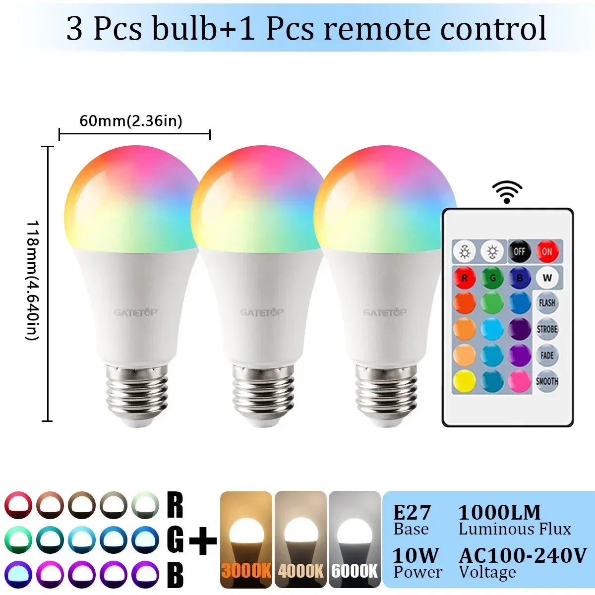E27 Base RGB LED Bulb 24 Key Remote Control Dimmable 10W AC220V 110V Colorful Change For Bedroom Living Room Desk Lamp