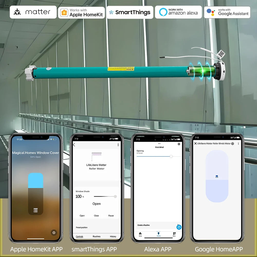 Matter Over Thread Smart Roller Shade Blinds Motor Built in Battery for 37mm 38mm Tube Homekit Google Home Smartthings  App