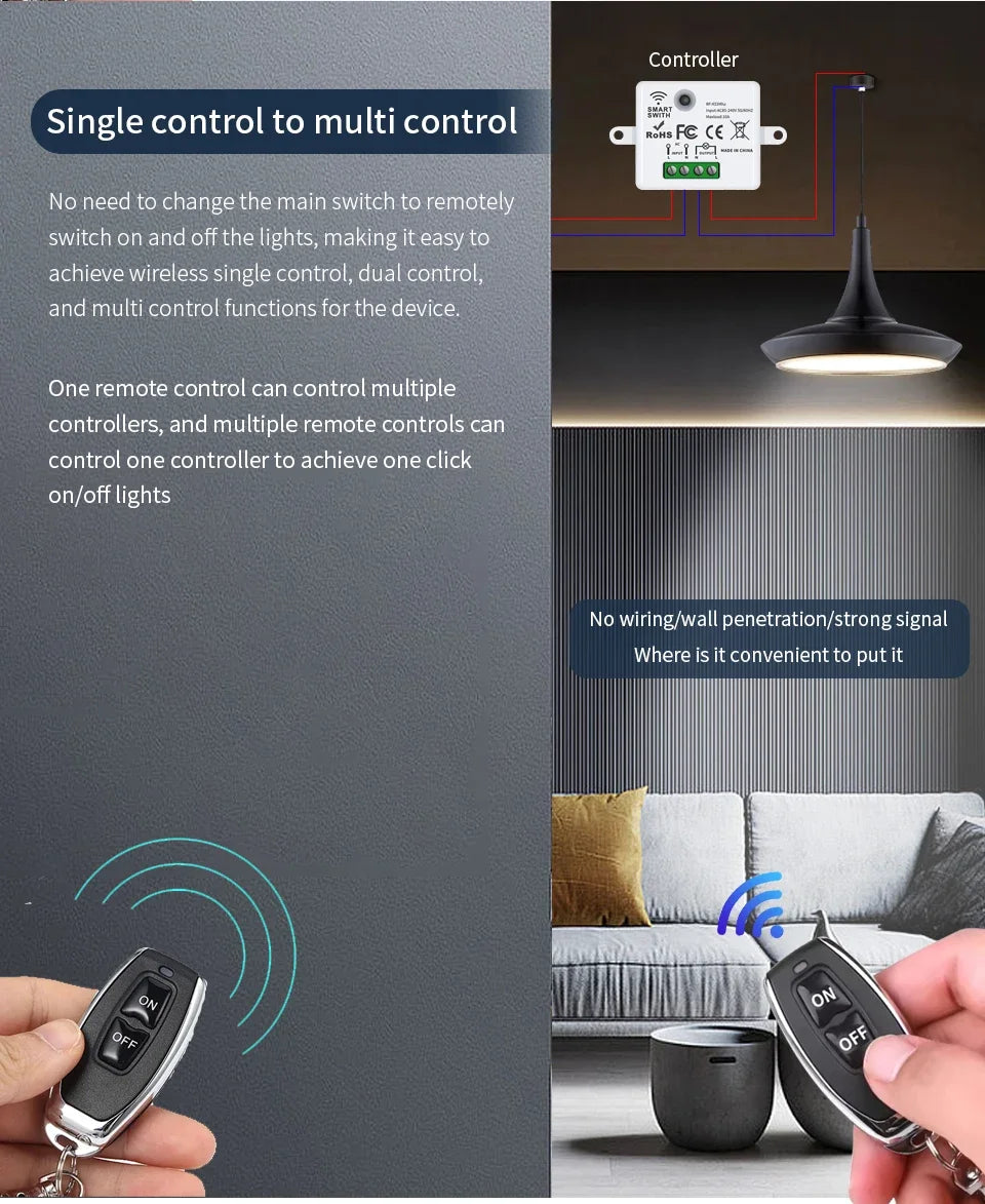 Mini Wireless Smart Light Switch with Remote Control RF 433 Mhz Relay Receiver AC 220V 110V Switch Module for Home Led Lamp Fan