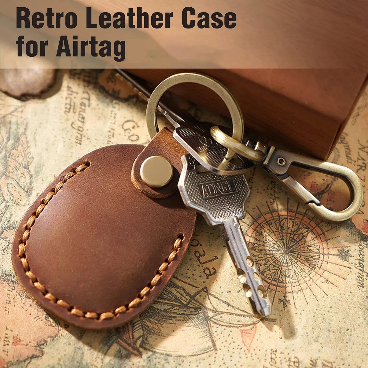 For Apple AirTag Portable Handmade PU Leather Holder Case with Keyring Full Coverage Protective Case Cover for AirTags Air Tag