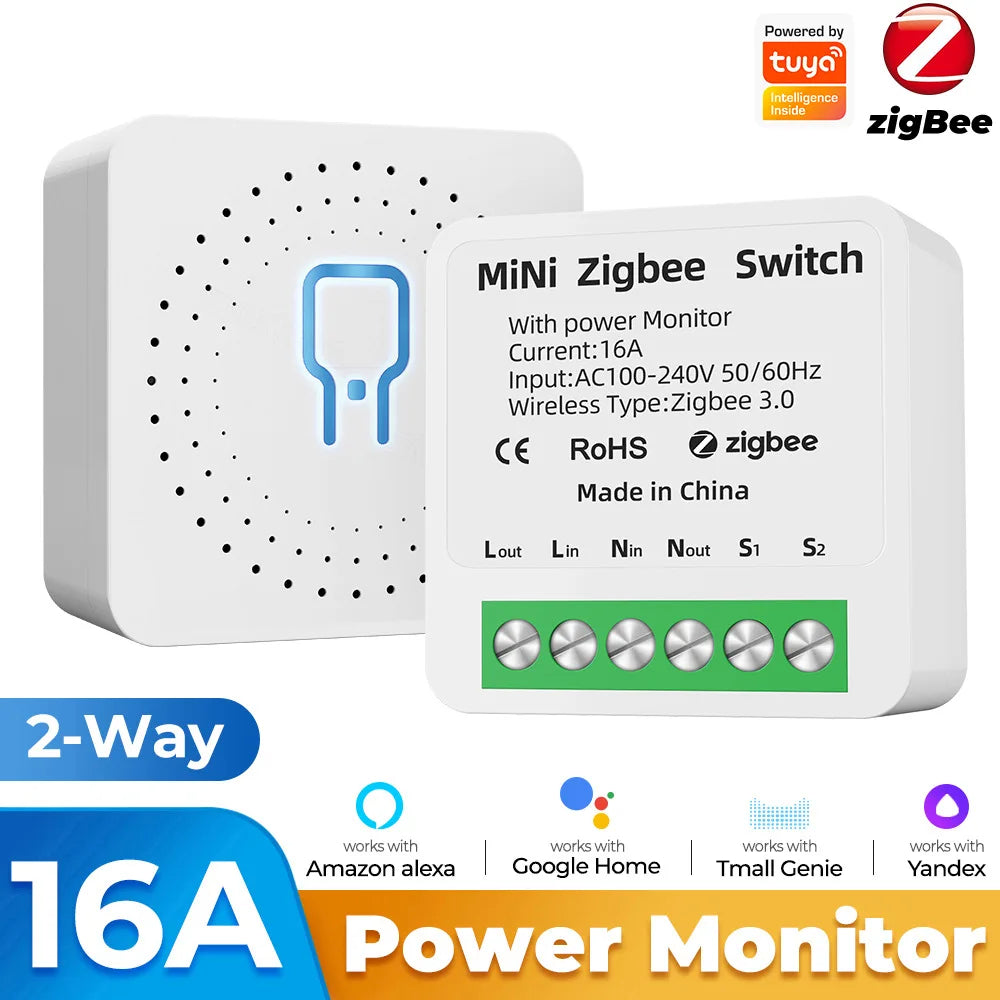 Zigbee / WiFi Smart Switch with Power Monitor 16A Tuya Smart Home Improvement Breaker 2-way Control Voice for Alexa Google Alice