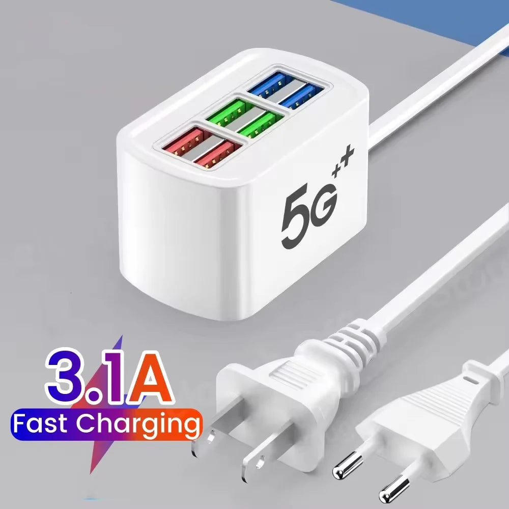 6 in 1 Fast USB Charger Power Strip Desktop Fast Charging Station with 1m Cord USB Hub Adapter Socket for iPhone Home EU US Plug