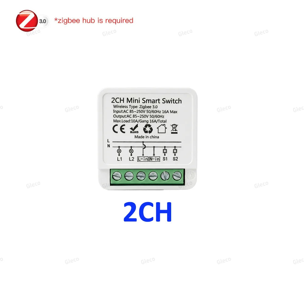 Tuya Zigbee 3.0 16A Smart Mini Switch Module DIY 2 Way Control 1/2CH Smart Home Relay Automation Breaker For Alexa Google Home