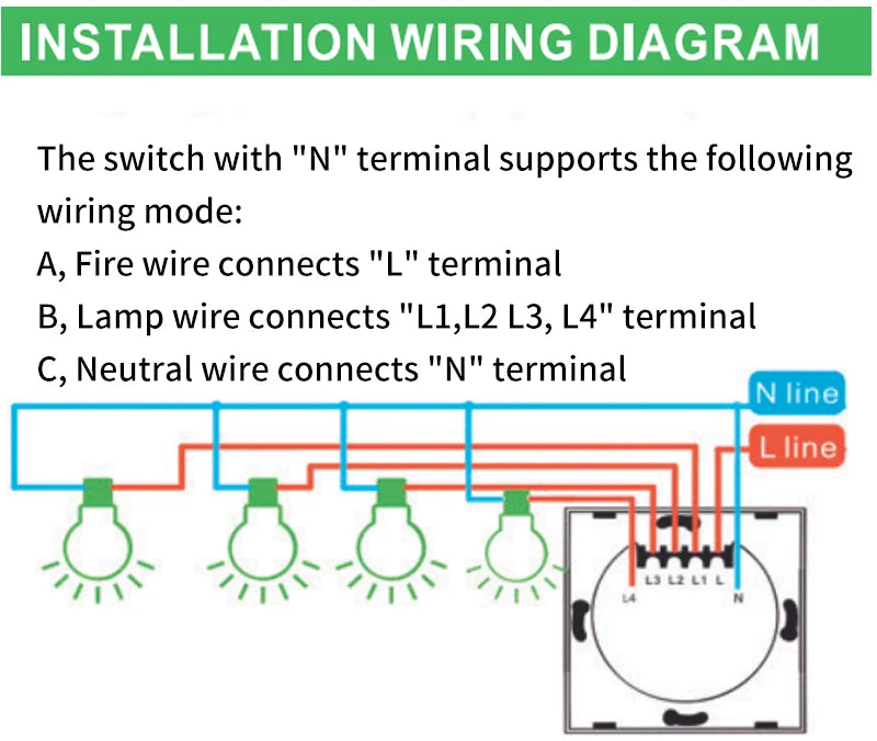Smart Switches US Neutral Wire/No Neutral Wire Required 1/2/3/4 Gang Light WiFi Touch Switch Works with Tuya Smart Life App