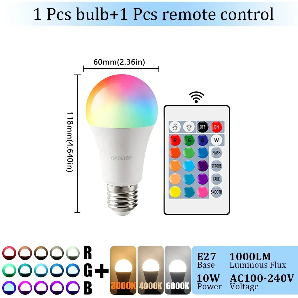 E27 Base RGB LED Bulb 24 Key Remote Control Dimmable 10W AC220V 110V Colorful Change For Bedroom Living Room Desk Lamp