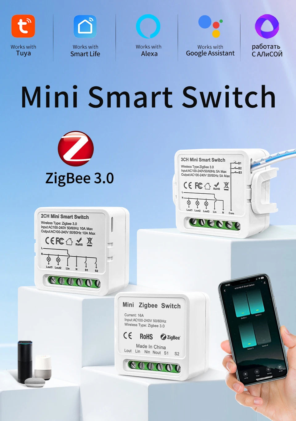 Tuya ZigBee Smart Switch Intelligent Remote Module AC100-240V 1/2/3CH Relay Breaker Smart Life App Works with Alexa Google Home