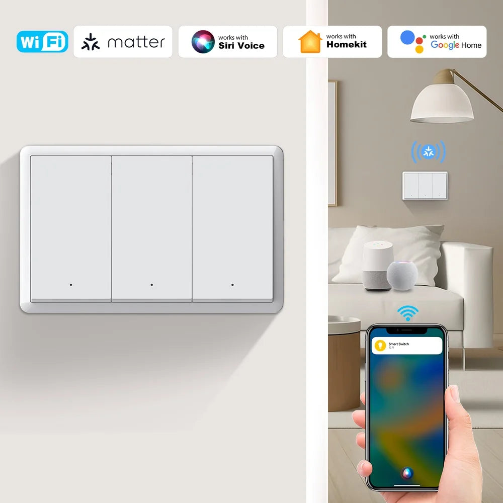 Smart Matter WIFI US Wall Light Switch Neutral Wire Optional 1-4 Gang Big Physical Push Button Voice Control Google Home Alexa