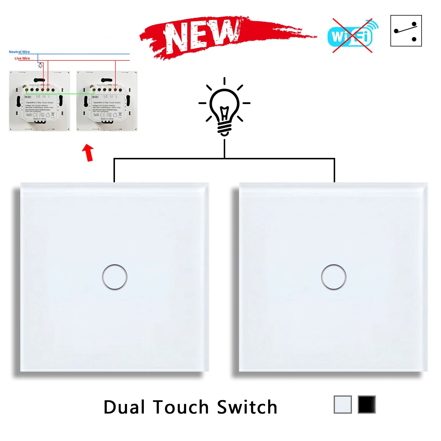 1/2gang 2way Dual Switch Wall Touch Switch EU Standard Light Switches For Staircase Bedside Switches Bedroom 240V No Wifi