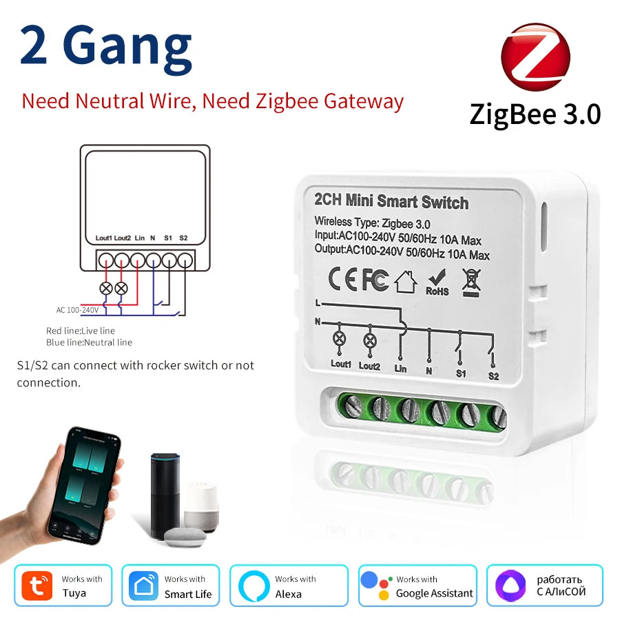 Tuya ZigBee Smart Switch Intelligent Remote Module AC100-240V 1/2/3CH Relay Breaker Smart Life App Works with Alexa Google Home