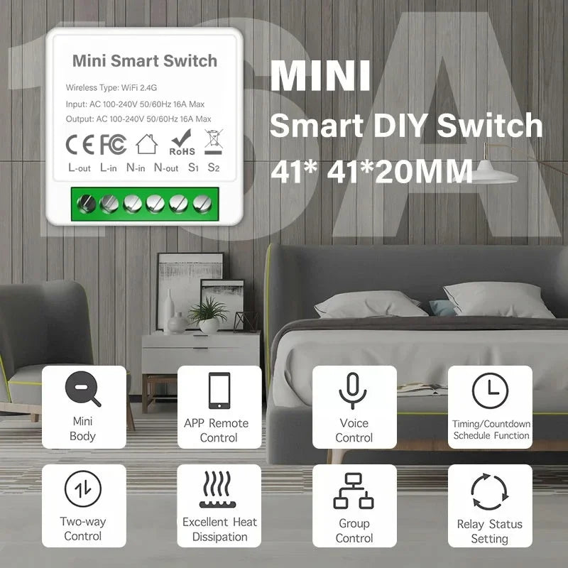 For Tuya Mini Smart WiFi Switch 16A Zigbee DIY Light Smart Switch Relay Breaker Automation Module 2-way Control Home Assistant