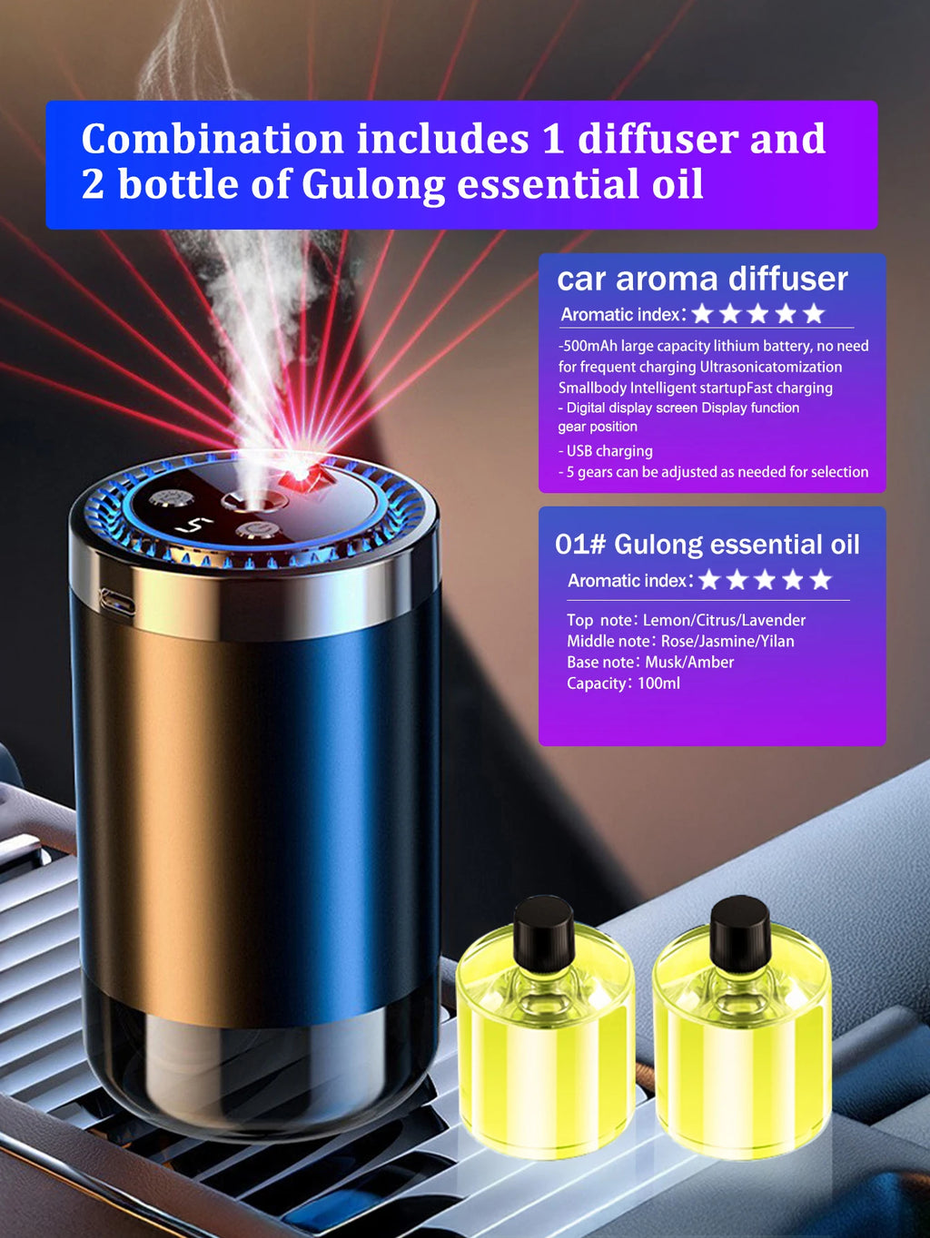 Rechargeable car aroma diffuser, aromatic essential oil, colorful lights, romantic starry sky lights, bedroom gift