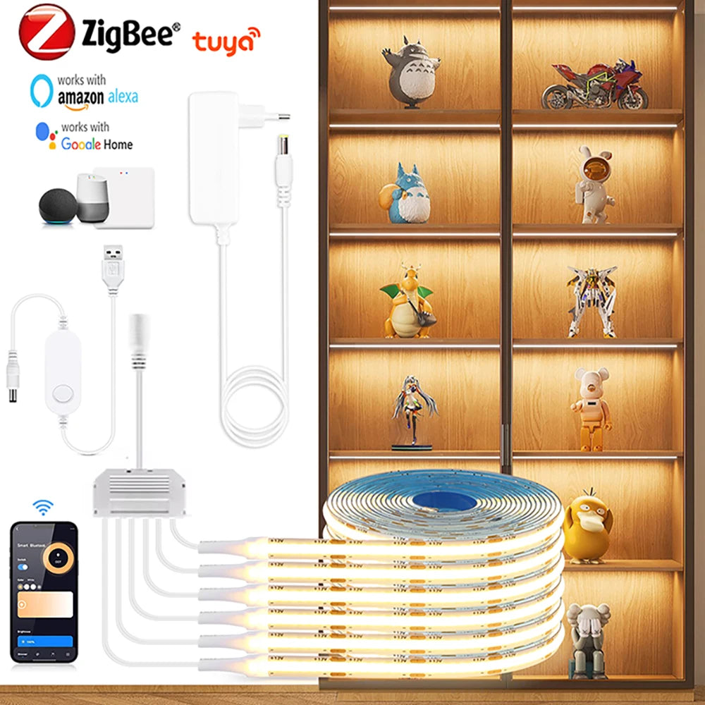 Zigbee Smart Under Cabinet COB LED Strip Dimmable Light Bookcase Wardrobe Closet Tuya Lamp Tape App Remote Control Wifi Lights