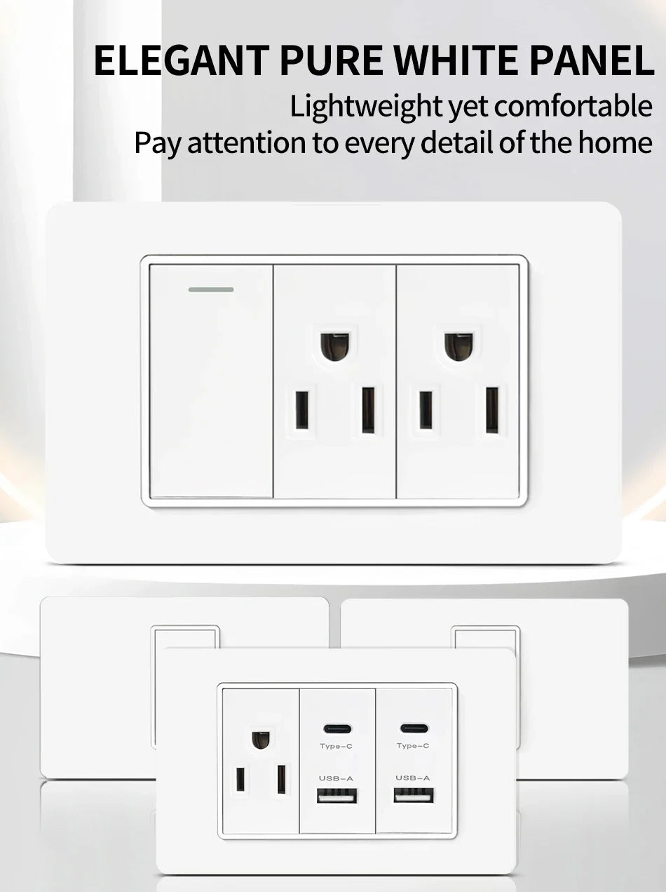 T&I 118*75mm Tempered Glass US Wall Socket White Thai USB Socket Plug with Dual USB Type-C Ports,Light Switch 110V
