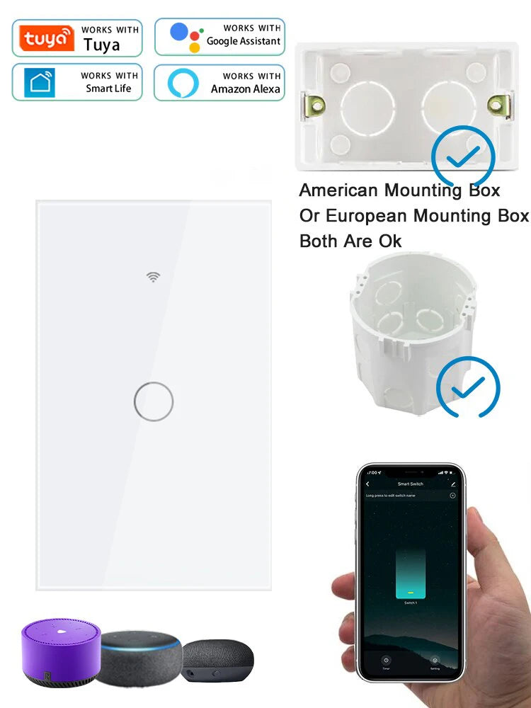 Tuya Smart Switches US Neutral Wire/No Neutral Wire Required 1/2/3/4 Gang WiFi Touch Light Switch Work with Alexa Google Home