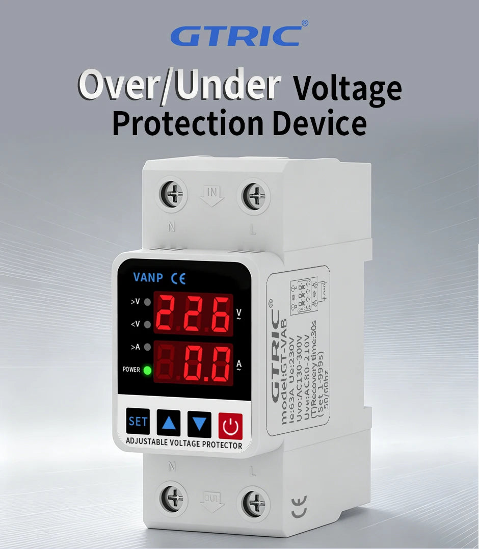 GTRIC Over Under Voltage Protector Adjustable Over Voltage 63A 220VAC Din Rail Under Voltage Protection Device Protector Relay