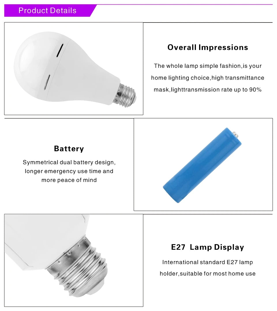 Emergency LED Light Bulb E27 7w 9w 12w 15w Rechargeable 1200mAh Battery 85-265V 110V 220V for Camping Tent Lamp Outdoor Lighting