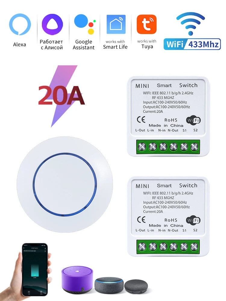 WiFi Circuit Breaker Tuya Smart Home APP Phone Voice Control Wireless Remote Switch RF433 for Alexa/Google Assistant/Smart Life