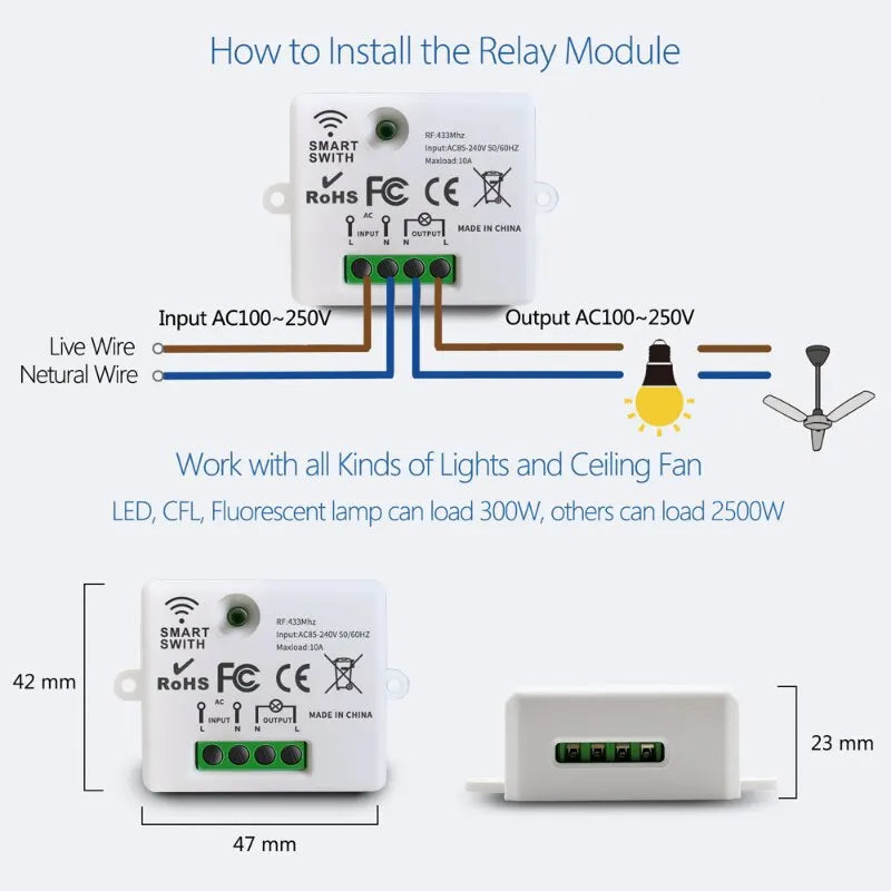 Self-powered 433Mhz Wireless Wall Switch Battery Required Remote Control Light Switch Waterproof 1 2 3Gang No Wiring