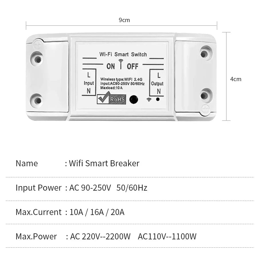 20A/16A/10A WIFI Switch Smart Home Automation Relay Module Wireless Control Switch Relay Breaker Voice Control Work Alexa Google
