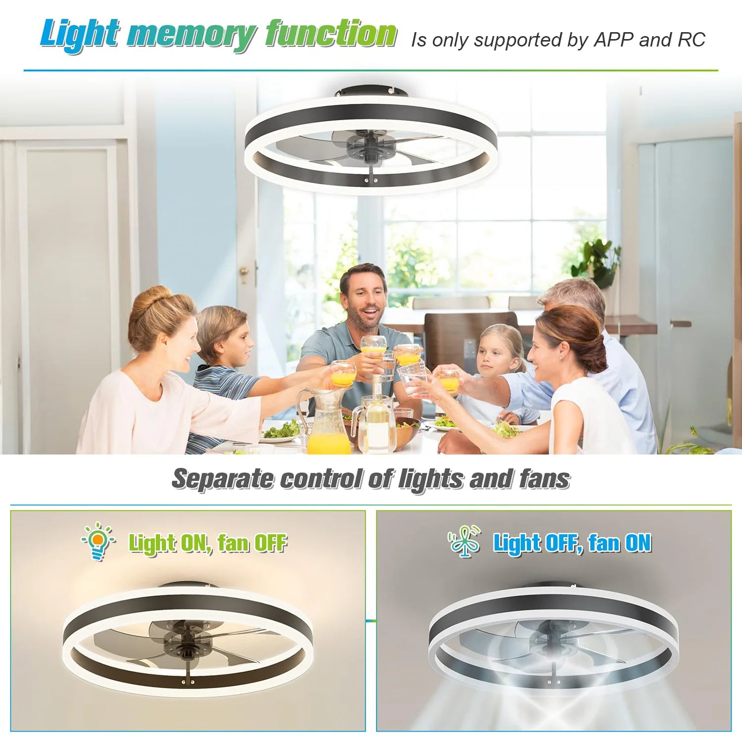 Smart Ceiling Fan with Light Remote Control App LED Dimming 6 Speed Wind Speed Fan Light for Bedroom Silent Fan with Lighting
