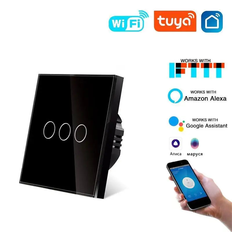 Tuya WiFi Smart Touch Switch 1/2/3/4 Gang 2-Way Control EU Glass Panel Light Switch Neutral Wire Alexa Google Voice Control Time