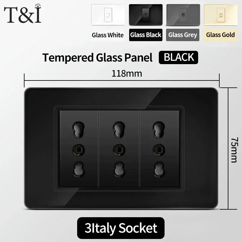118 Series Black Tempered Glass Wall Switch Socket Italy Standard 16A Outlet with USB Type-C 20W Fast Charging for Home Office