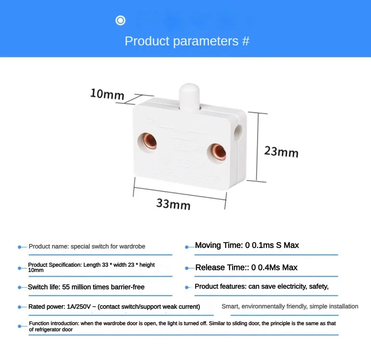 2-Pack Automatic Reset Switch, Wall Cabinet Light Switch, Household Cabinet Door Control Switch, Wardrobe Light Switch