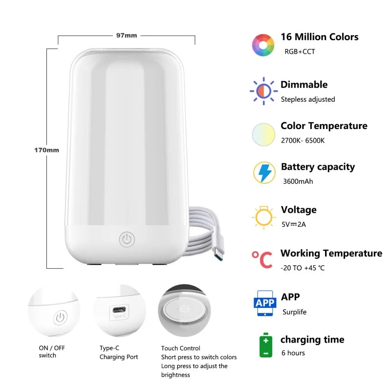 Smart 16 Color LED Table Lamp Touch & Bluetooth APP Control Dimmable Rechargeable Bedside Night Lamp for Room Decor