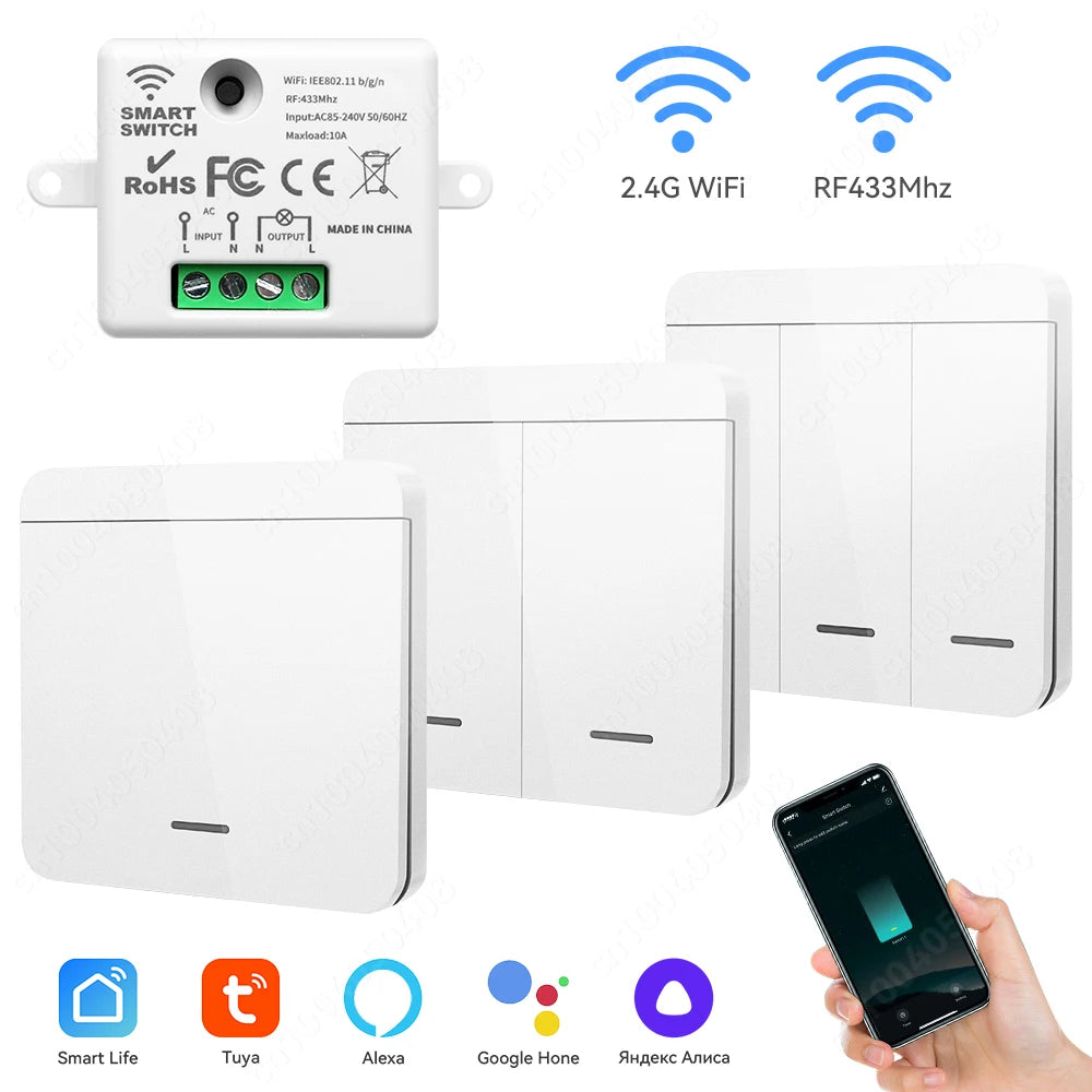 Tuya Smart Home Wifi RF433 Mhz Switch 1/2/3gang Button Switch Strong Signal Wiring-free Remote Control  Works with Alexa Google